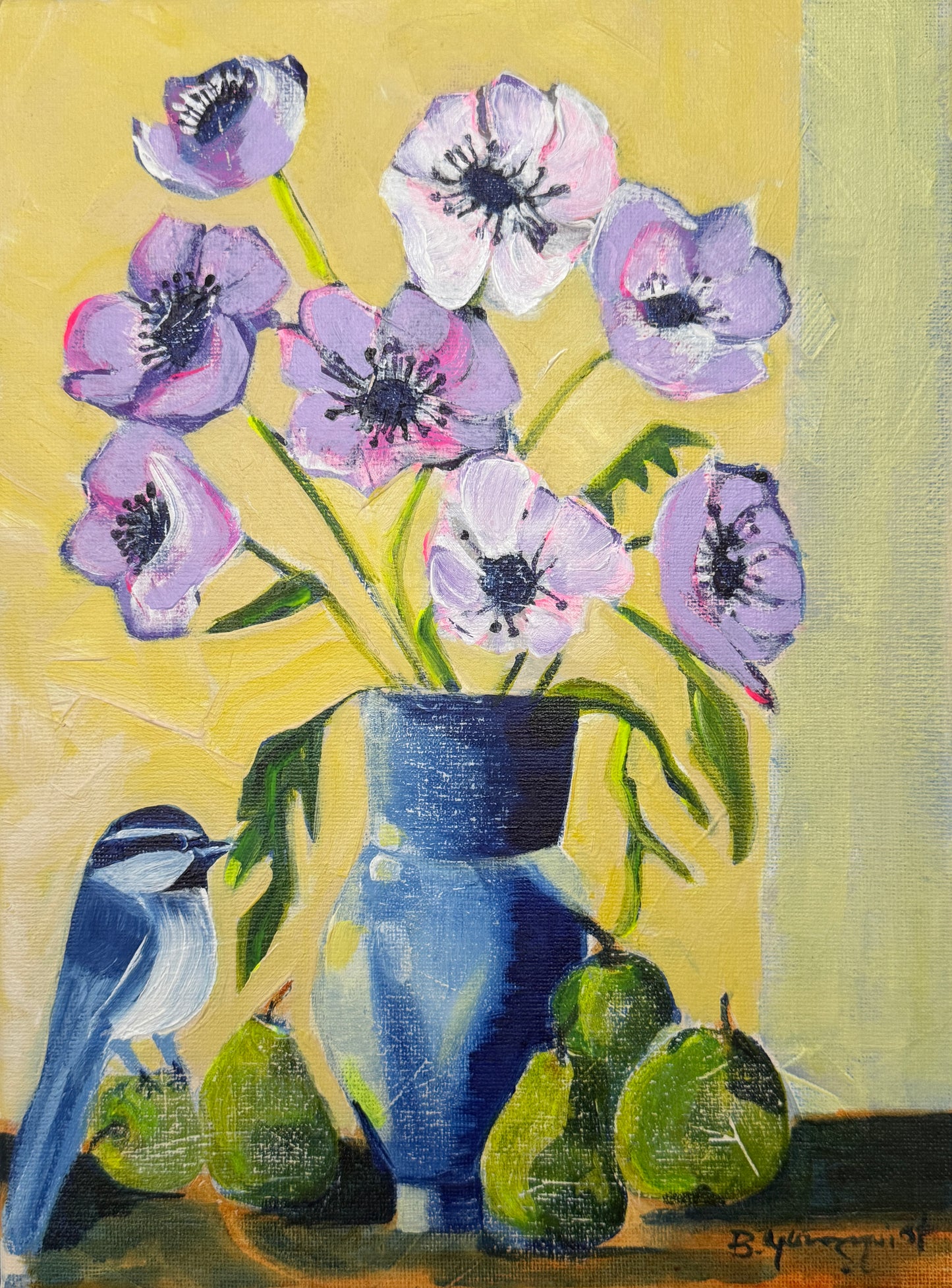 Painting of flowers in a blue vase with a bird on a yellow background
