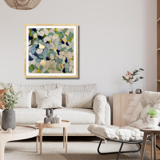 Contemporary abstract luxury art print with organic shapes in blue, green, ivory, and gold leaf for interior design and home decor.