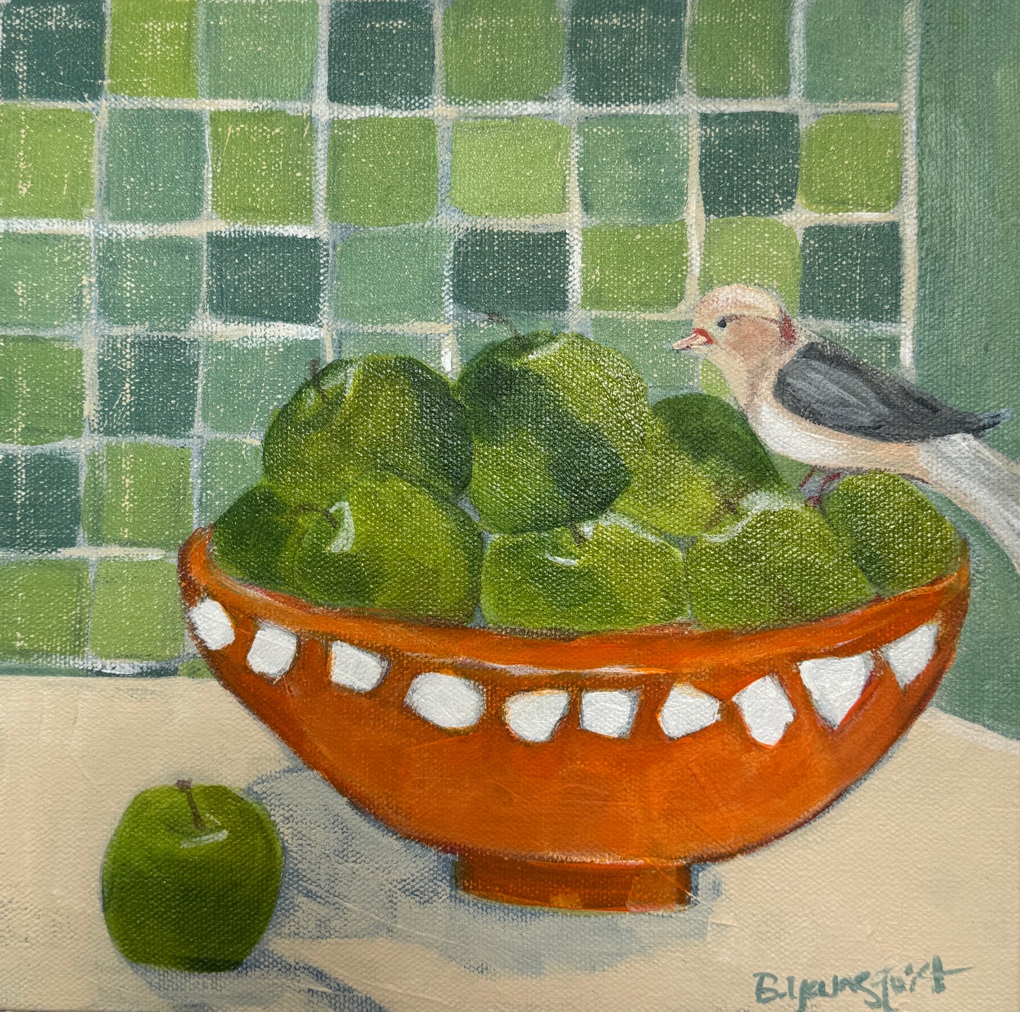 original painting of a bowl with green apples and a bird on a tiled wall background for kitchen home decor