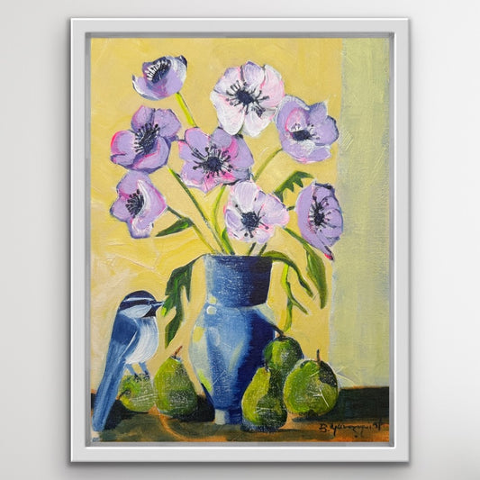 Framed painting of flowers in a vase with a bird and pears on a yellow background