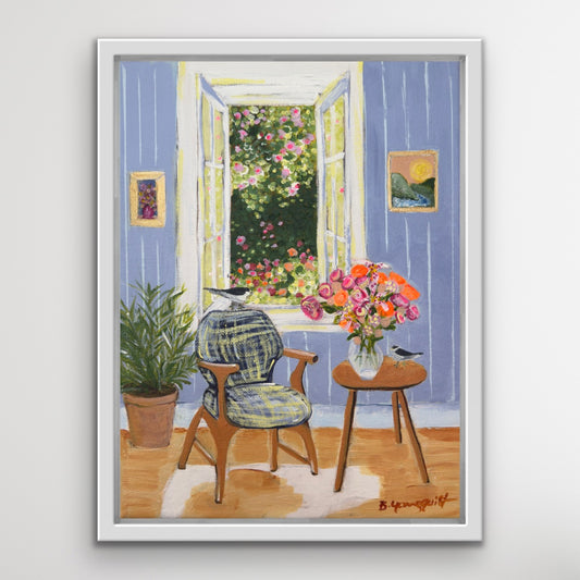 Framed artwork of a room with a chair, table, and flowers by a window.