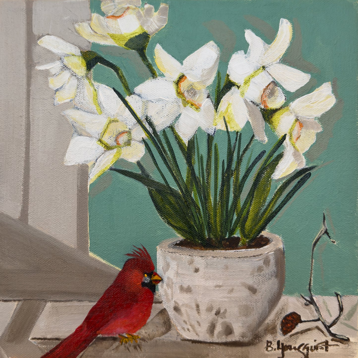 Still Life with Cardinal - Original Abstract Bird Painting