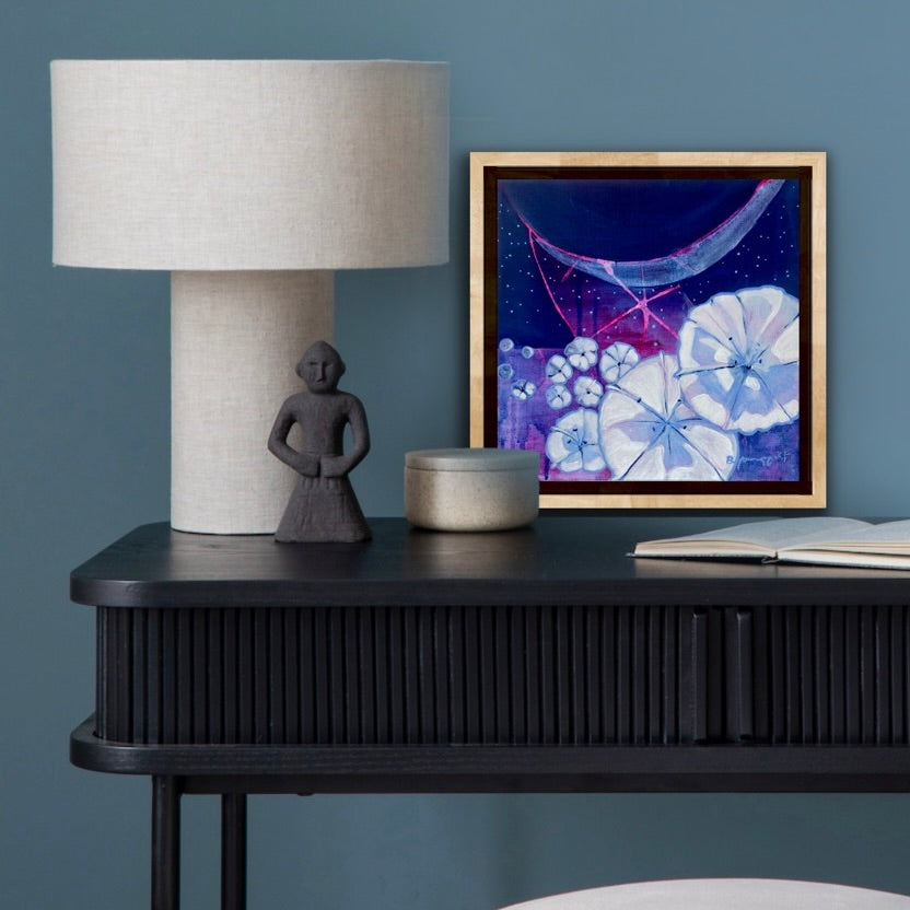 Discover the Moonflower series:contemplative abstract paintings of night-blooming flowers, indigo skies, and luminous moonlight inspired by intuition an inner life.