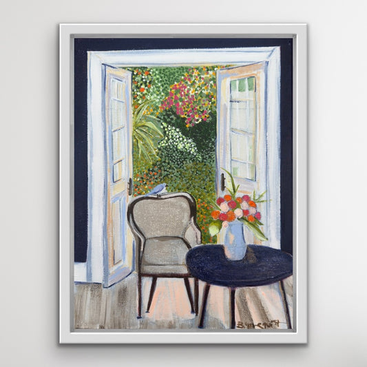 Framed artwork of a room with open doors leading to a garden for home decor