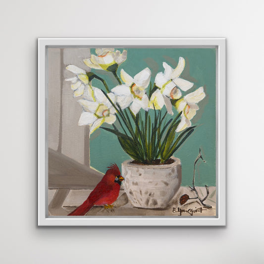 Still Life with Cardinal - Original Abstract Bird Painting