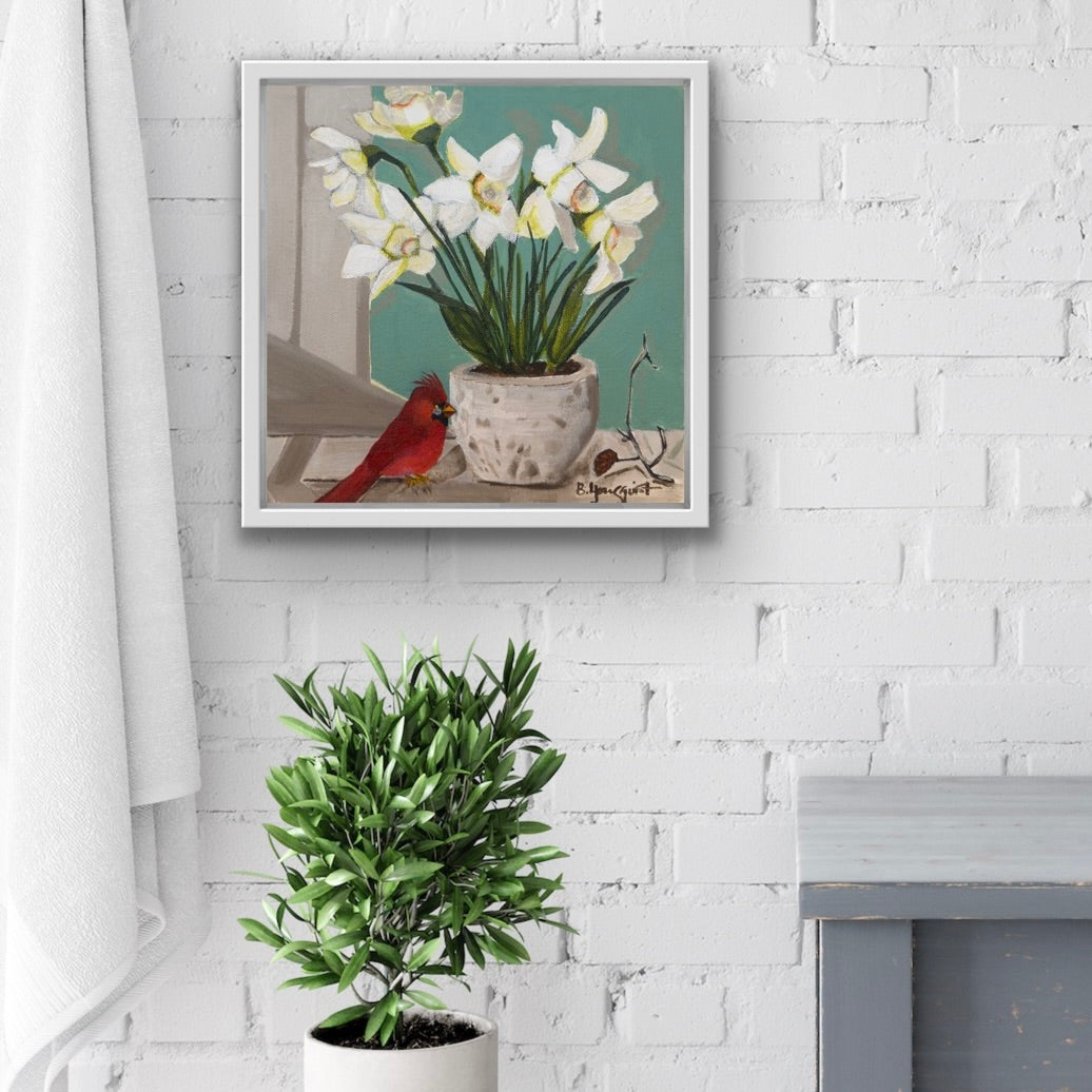 Still Life with Cardinal - Original Abstract Bird Painting