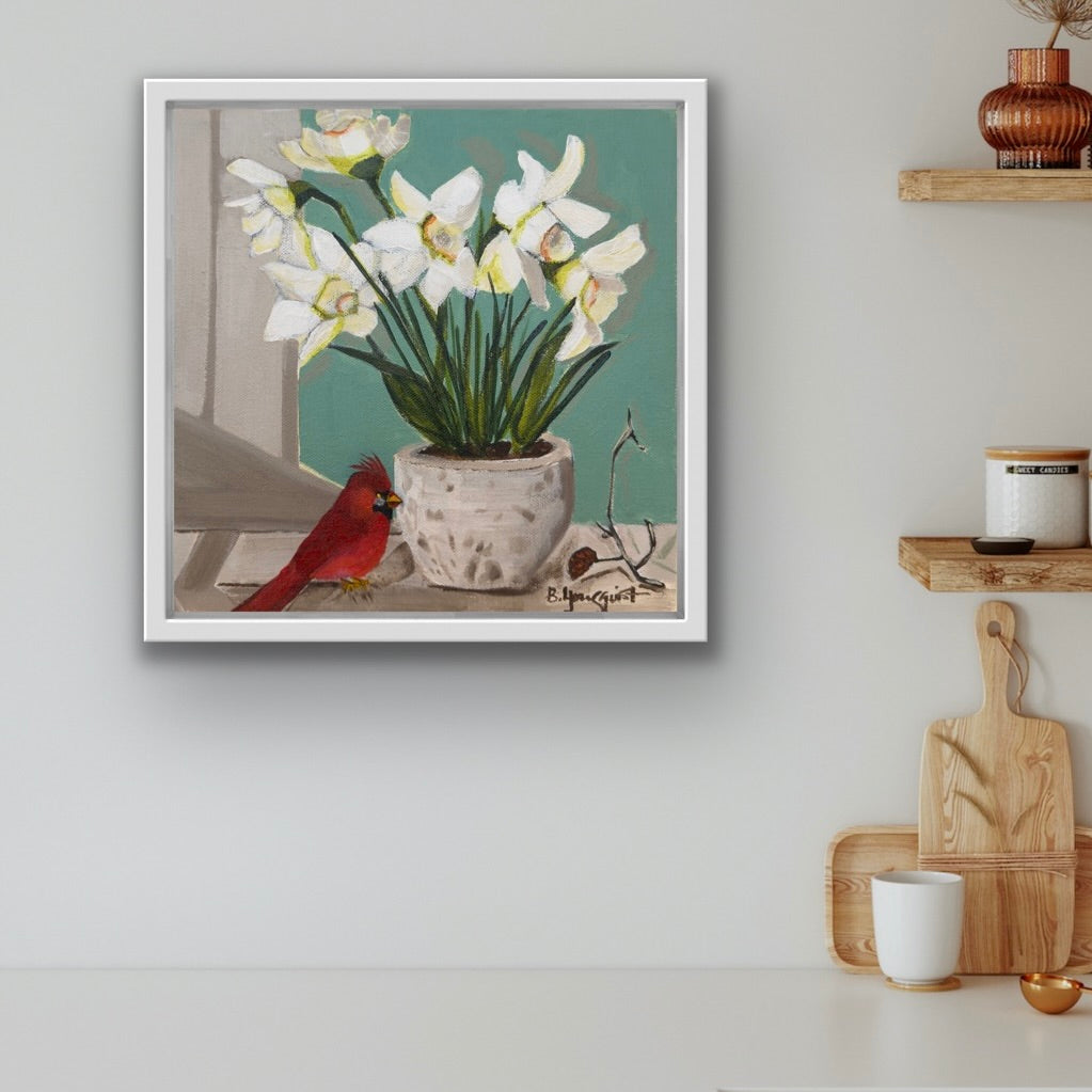 Still Life with Cardinal - Original Abstract Bird Painting