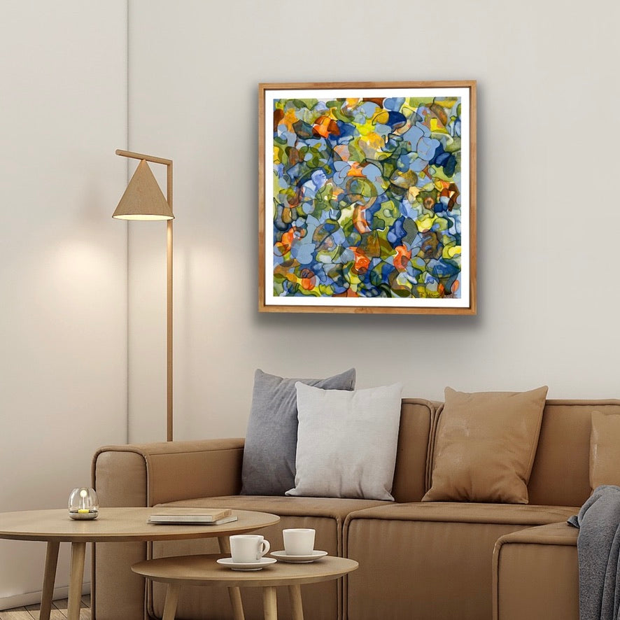 An abstract luxury fine art print shown framed in a natural frame in a neutral style room B.Youngquist Art.