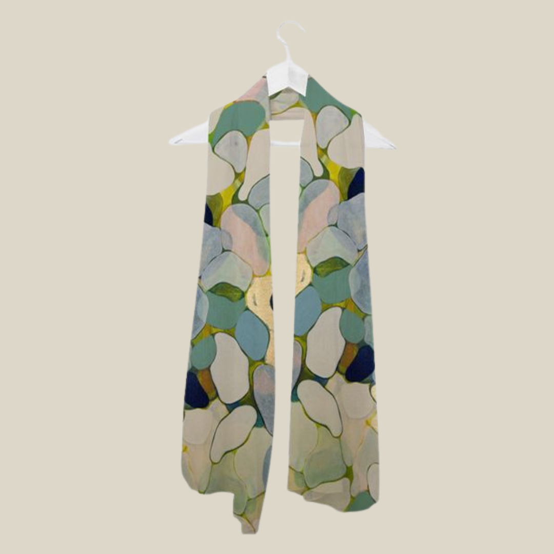 Beautiful lightweight chiffon scarf featuring "Autumn Lake" painting by B.Youngquist Art in shades of blue,green, and ivory.