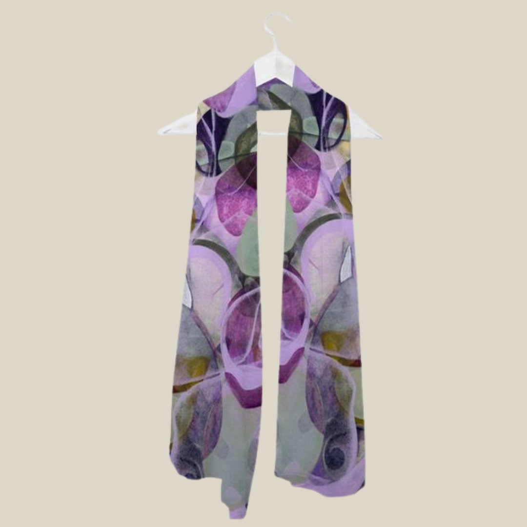 Artwear exclusive chiffon scarf featuring the abstract art of B. Youngquist Art perfect for travel light weight and washable.