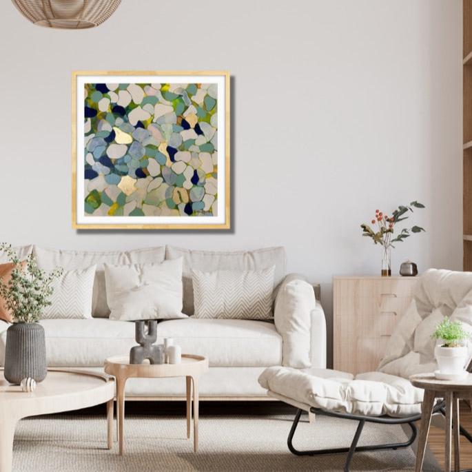 Contemporary abstract luxury art print with organic shapes in blue, green, ivory, and gold leaf for interior design and home decor.