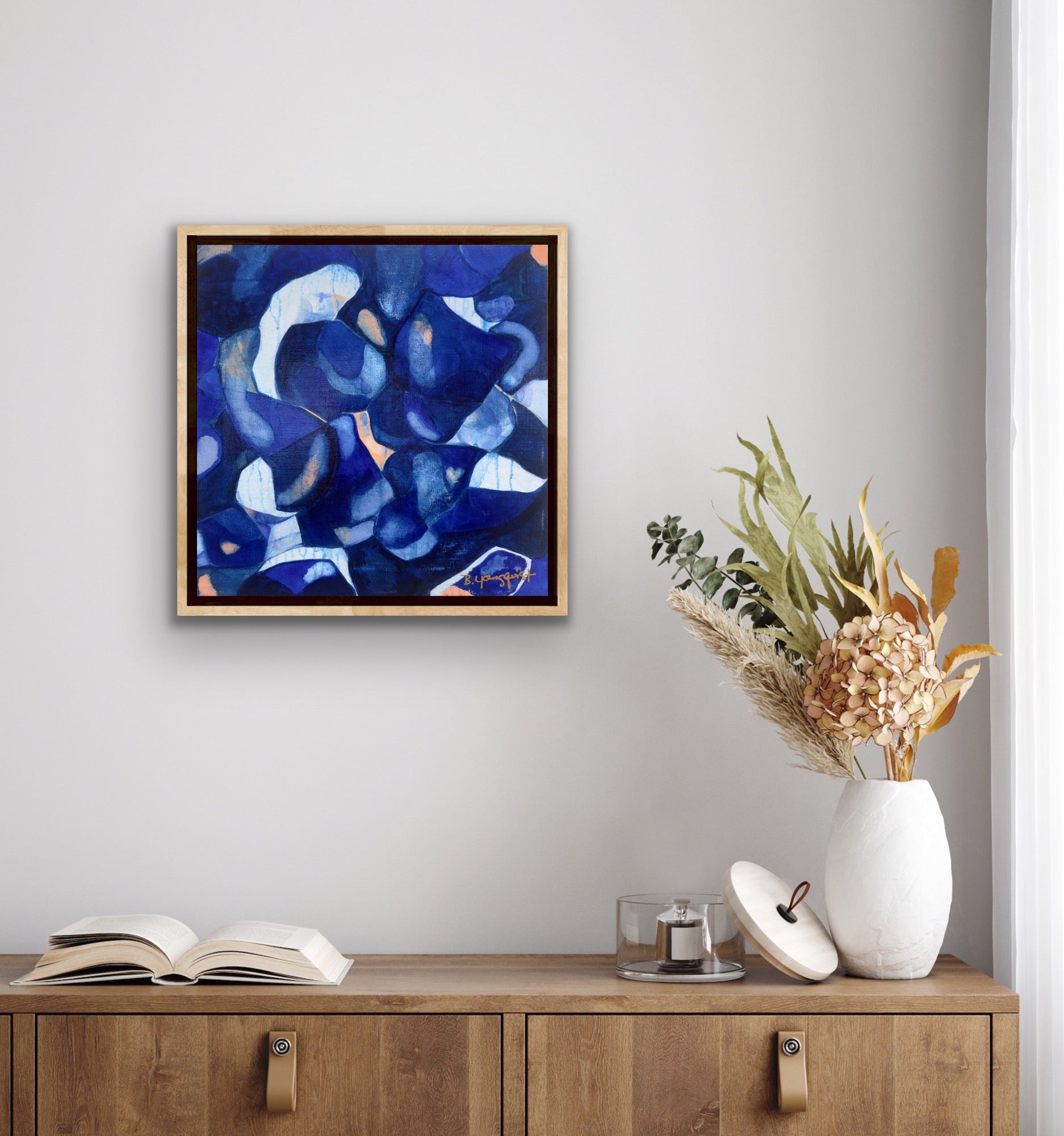 B. Youngquist contemporary abstract blue print shown framed