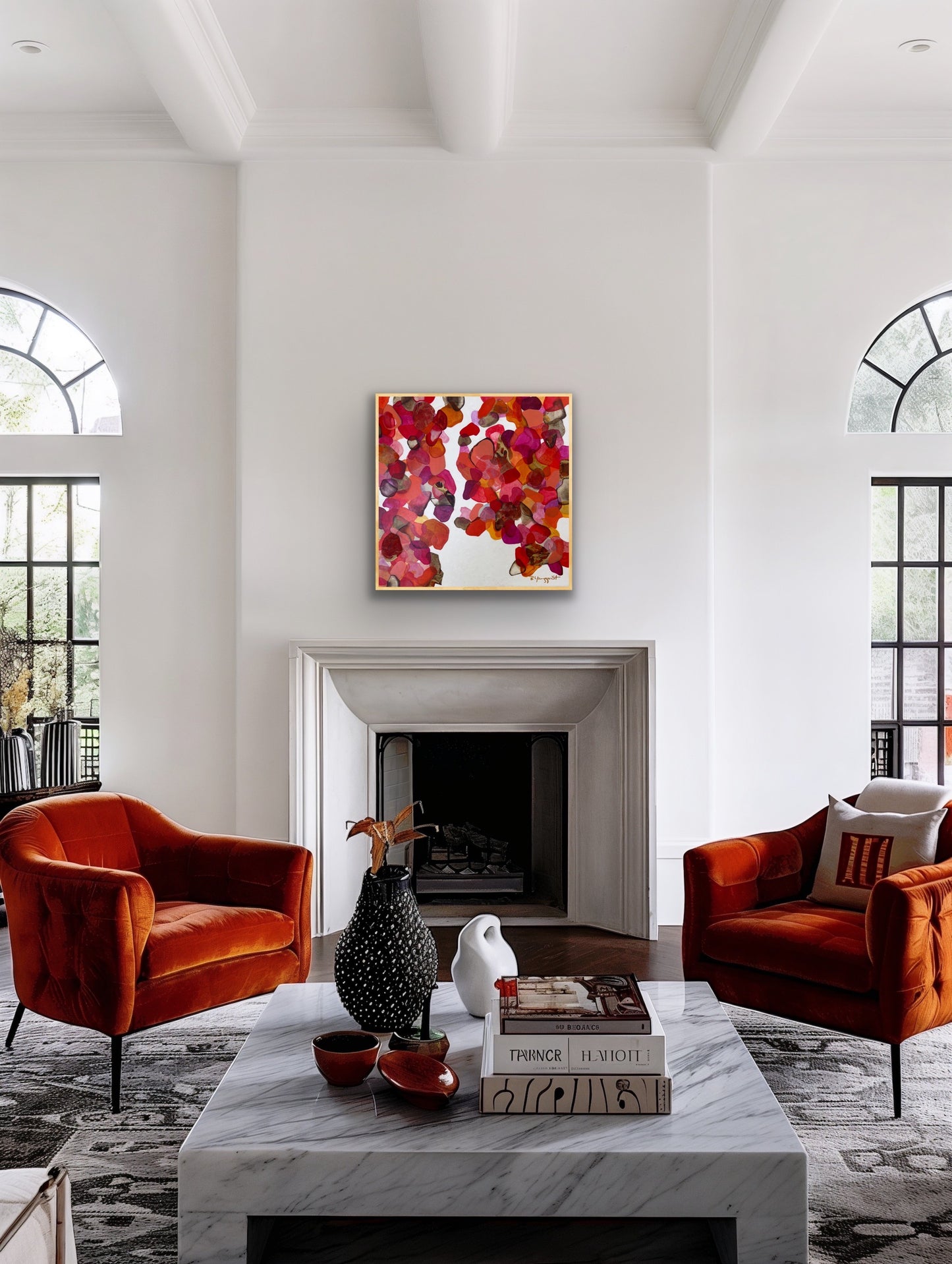 Vibrant original red and orange abstract painting inspired by the migration of butterflies