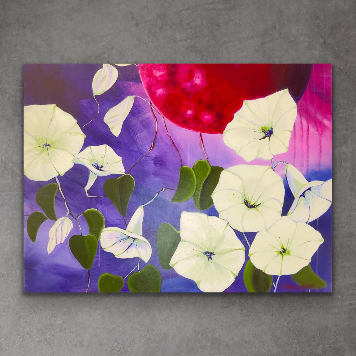 Moonflower paintings set in violet night skies and glowing magenta moonlight. Symbolic abstract art exploring intuition,mystery,and luminous white blooms.