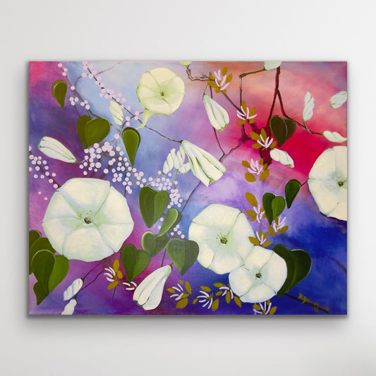 Explore the moonflower series-symbolic abstract paintings of luminous night blooms and moonlight inspired by intuition,shadow,and Jungian symbolism.