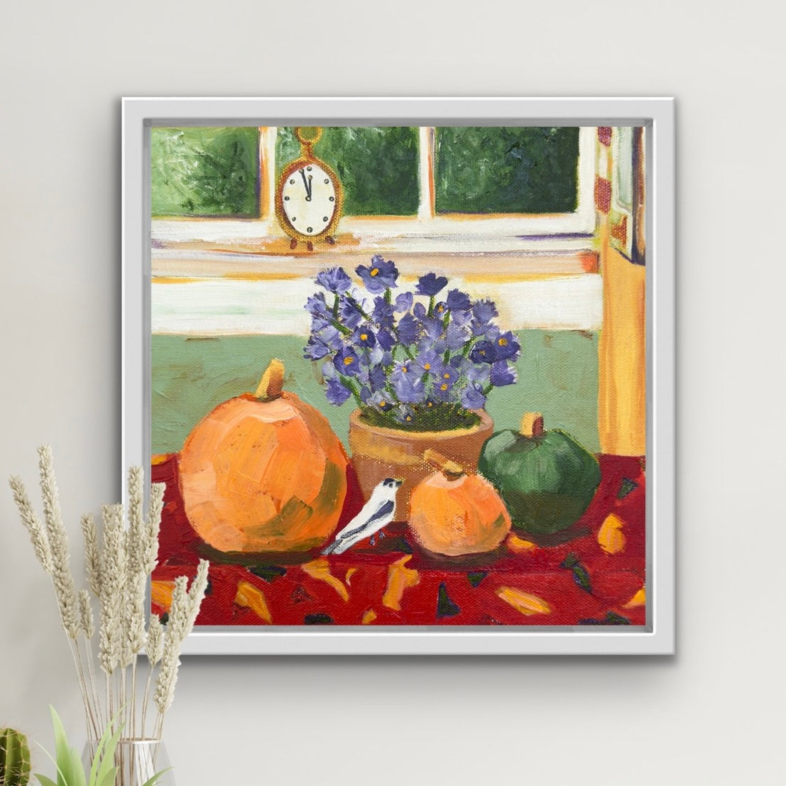 Framed painting of a still life scene with pumpkins, flowers, and a clock perfect for home decor and art collectors.