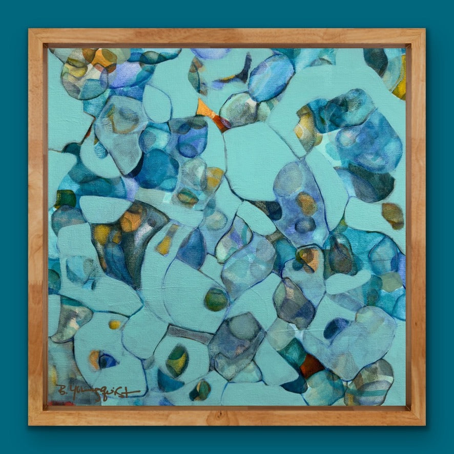 The original abstract painting "Refliections" is like looking through a clear cold river down to the river rock beneath. Nature inspired art for interior design and collectors by B.Youngquist Art.