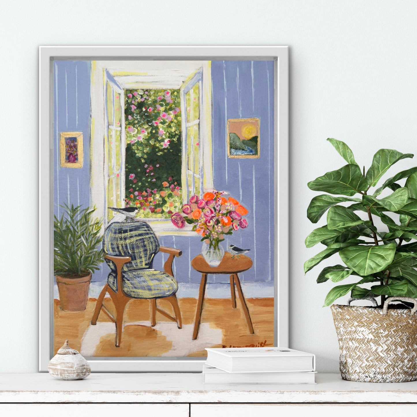 Framed artwork of a room with a window, chair, and flowers on a white wall for art collectors, designers, and home decorators.