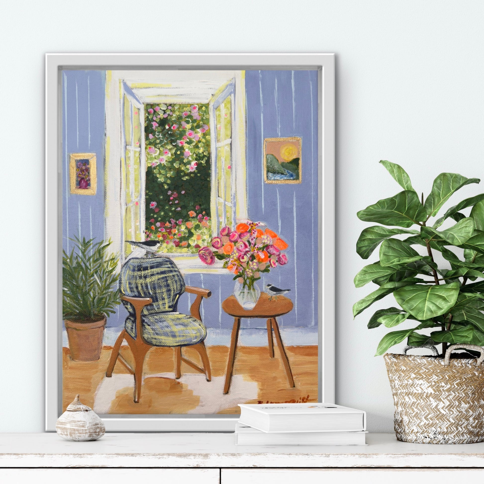 Framed artwork of a room with a window, chair, and flowers on a white wall for art collectors, designers, and home decorators.