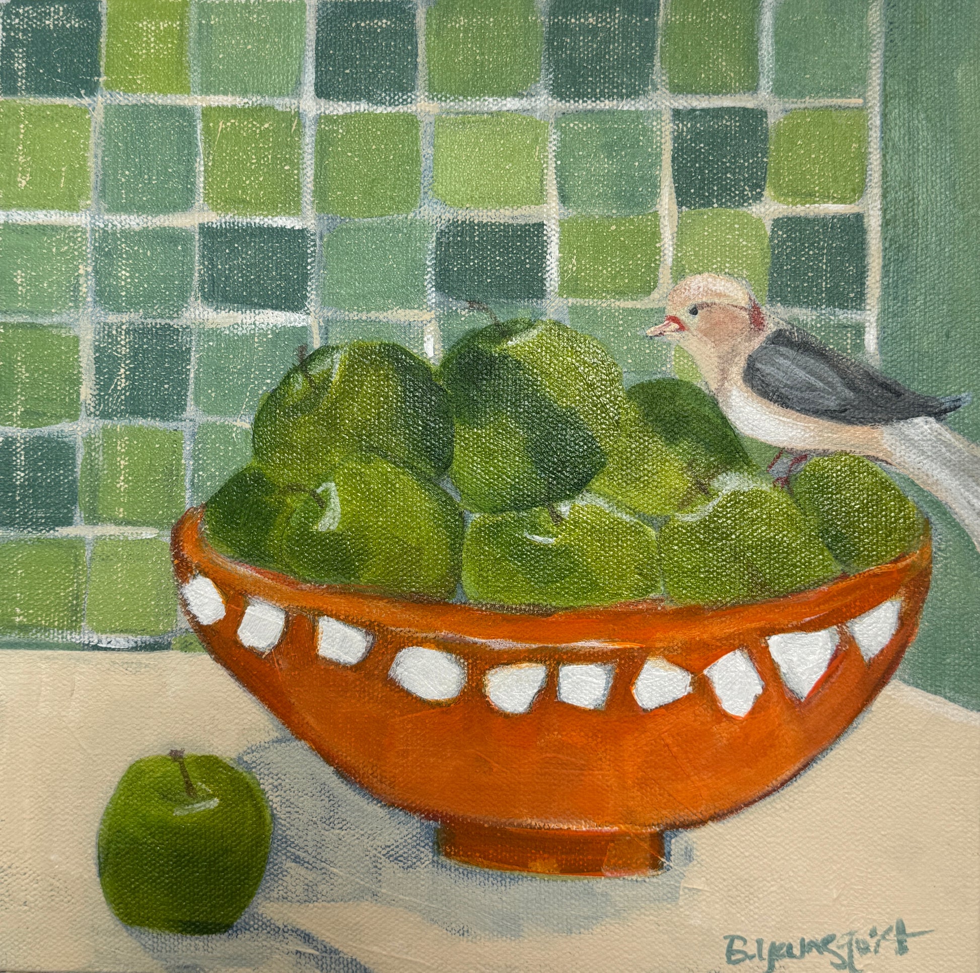 original painting of a bowl with green apples and a bird on a tiled wall background for kitchen home decor