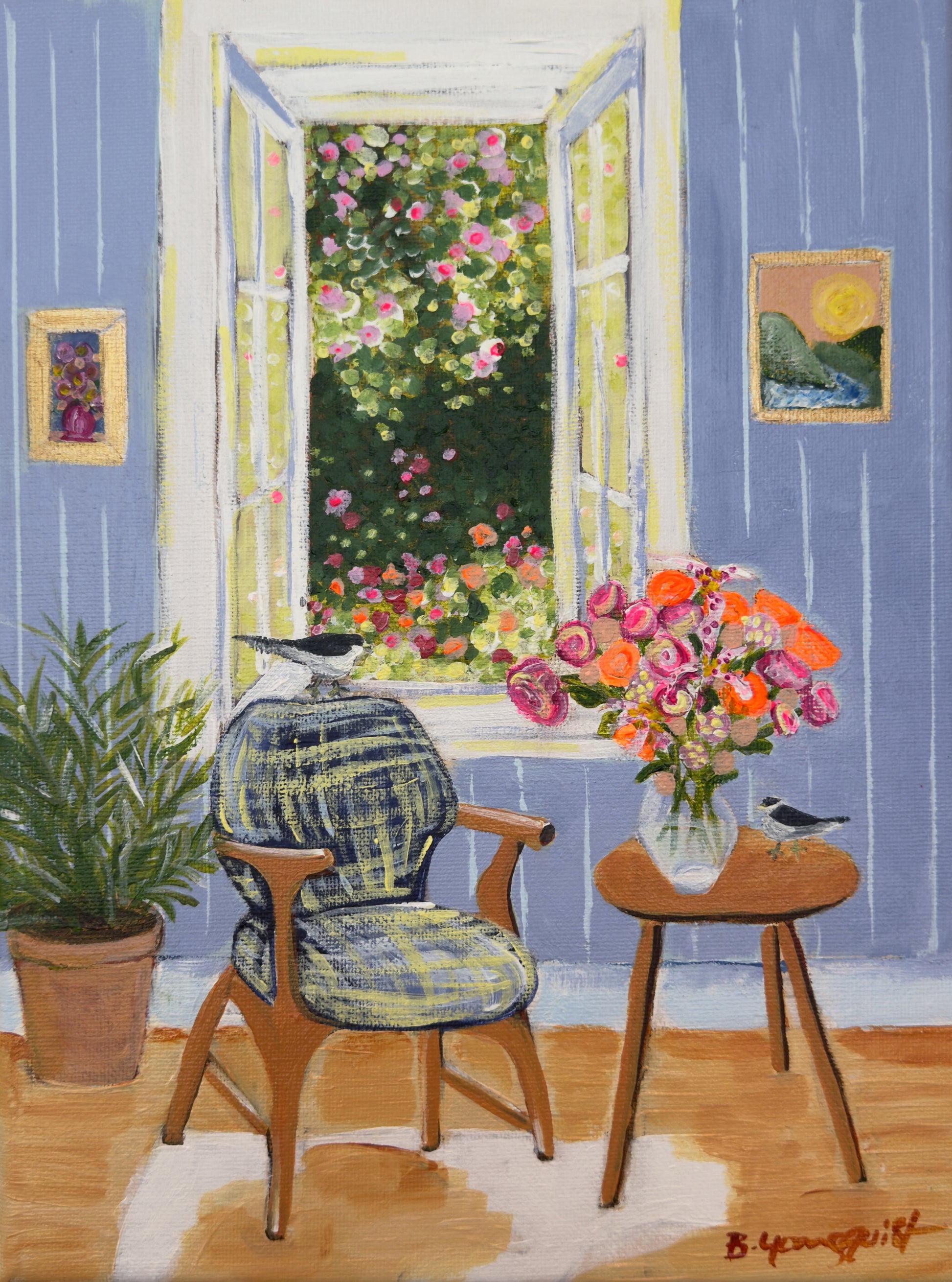 original painting of a cozy room with a chair, table, and flowers by an open window for home decor, interior design, and collectors