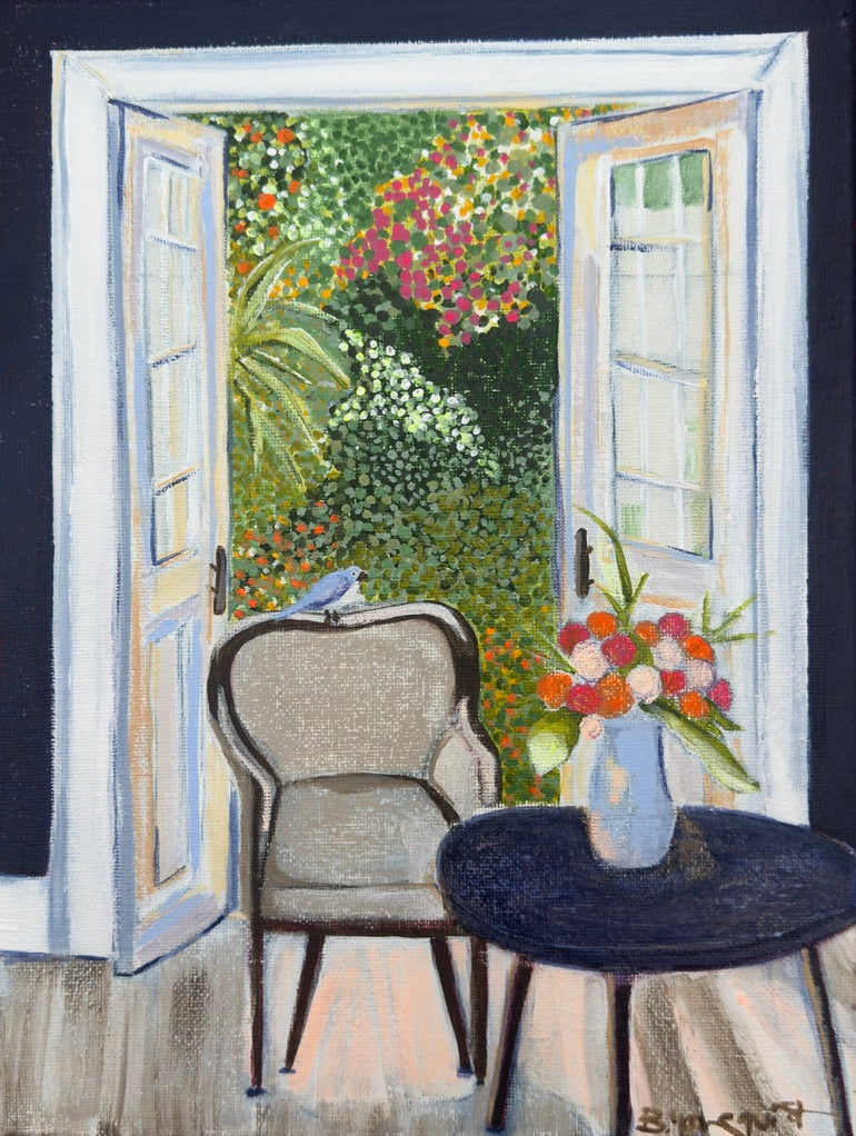 Original acrylic painting of a room with open french doors leading to a garden with flowers.