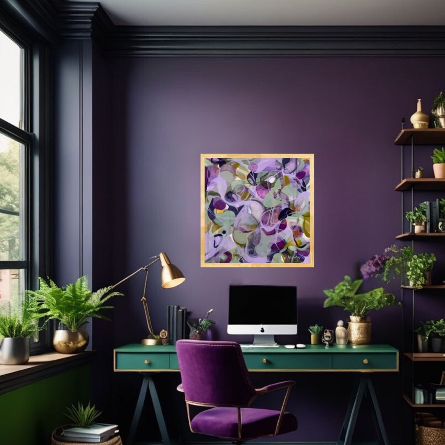 Beautiful original contemporary abstract B.Youngquist Art painting with soft organic shapes in purple and green hues shown hanging on a purple office wall.
