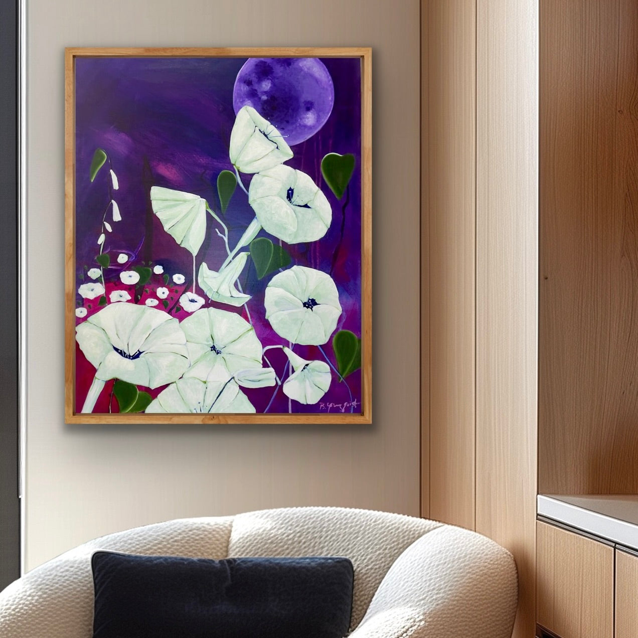Abstract Moonflower paintings inspired by intuition, and the quiet balance of shadow and light.