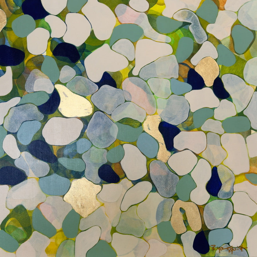 Original contemporary abstract painting inspired by an autumn lake. Rich layers create depth and and serenity in this original piece by B. Youngquist Art featuring cool shades of blues, greens, ivory, and gold.