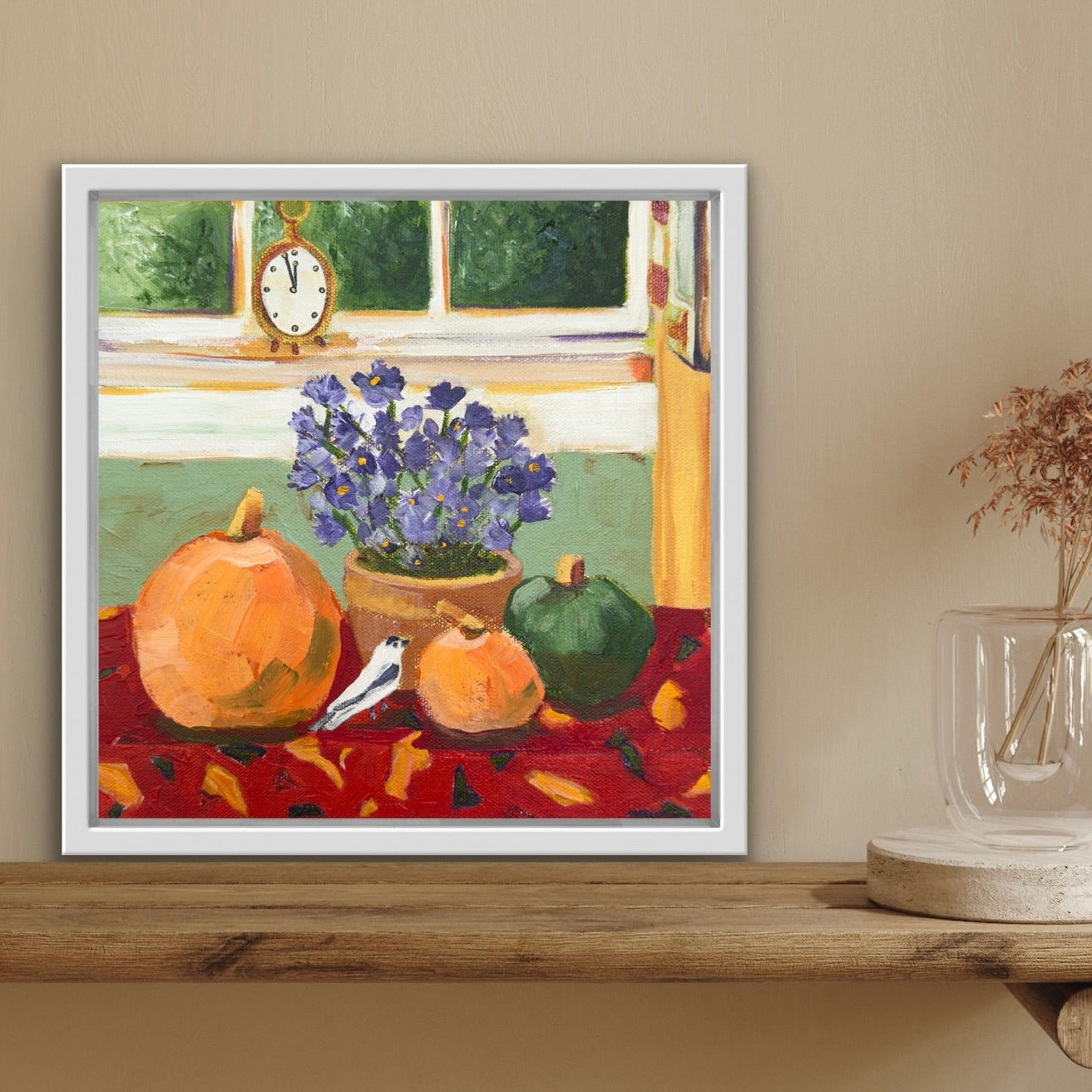 Charming framed painting of a still life scene with pumpkins, flowers, and a clock on a wall for collectors and designers.
