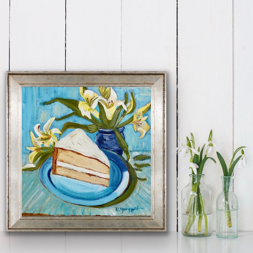 Framed painting of a slice of cake and flowers on a blue plate post impressionist style.