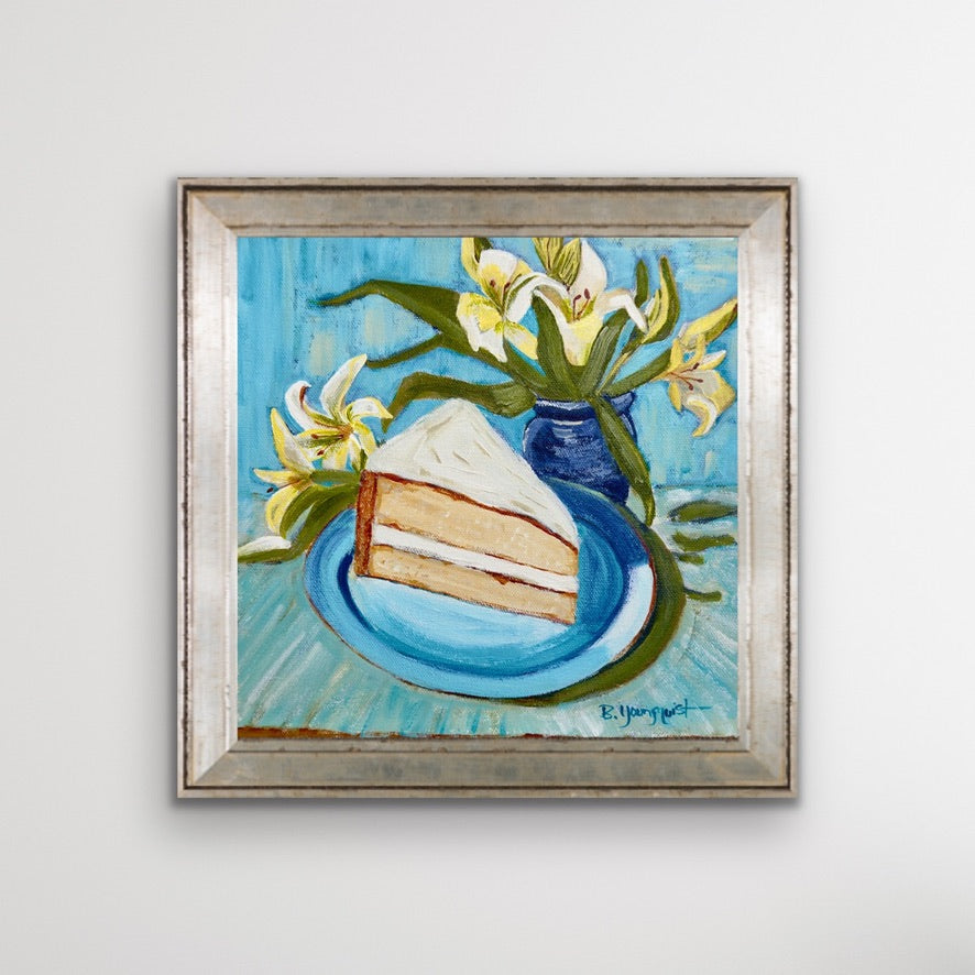Original Framed painting of a slice of cake on a blue plate with flowers