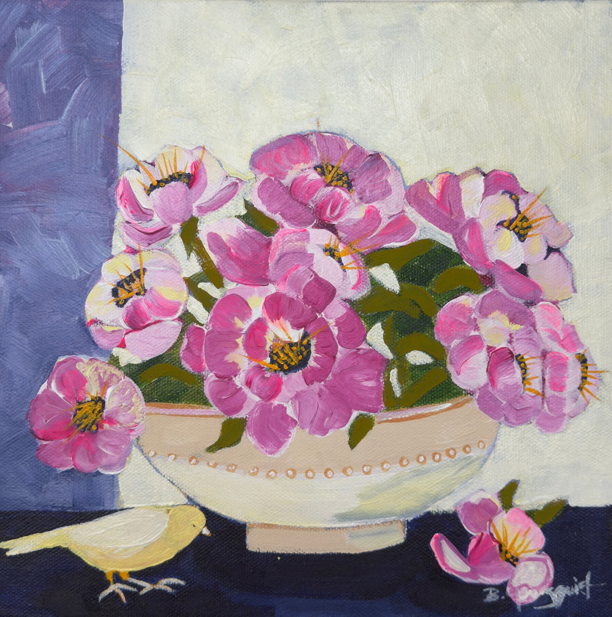 Original painting of pink flowers in a bowl with a bird on a textured background