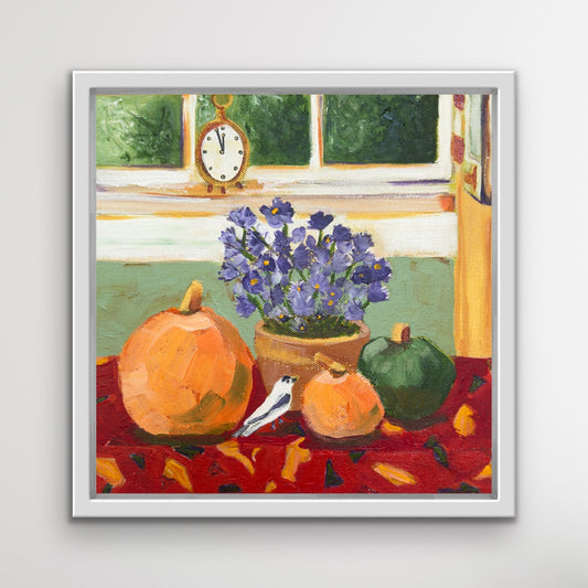 Framed painting of a still life with pumpkins, a vase of flowers, and a clock.