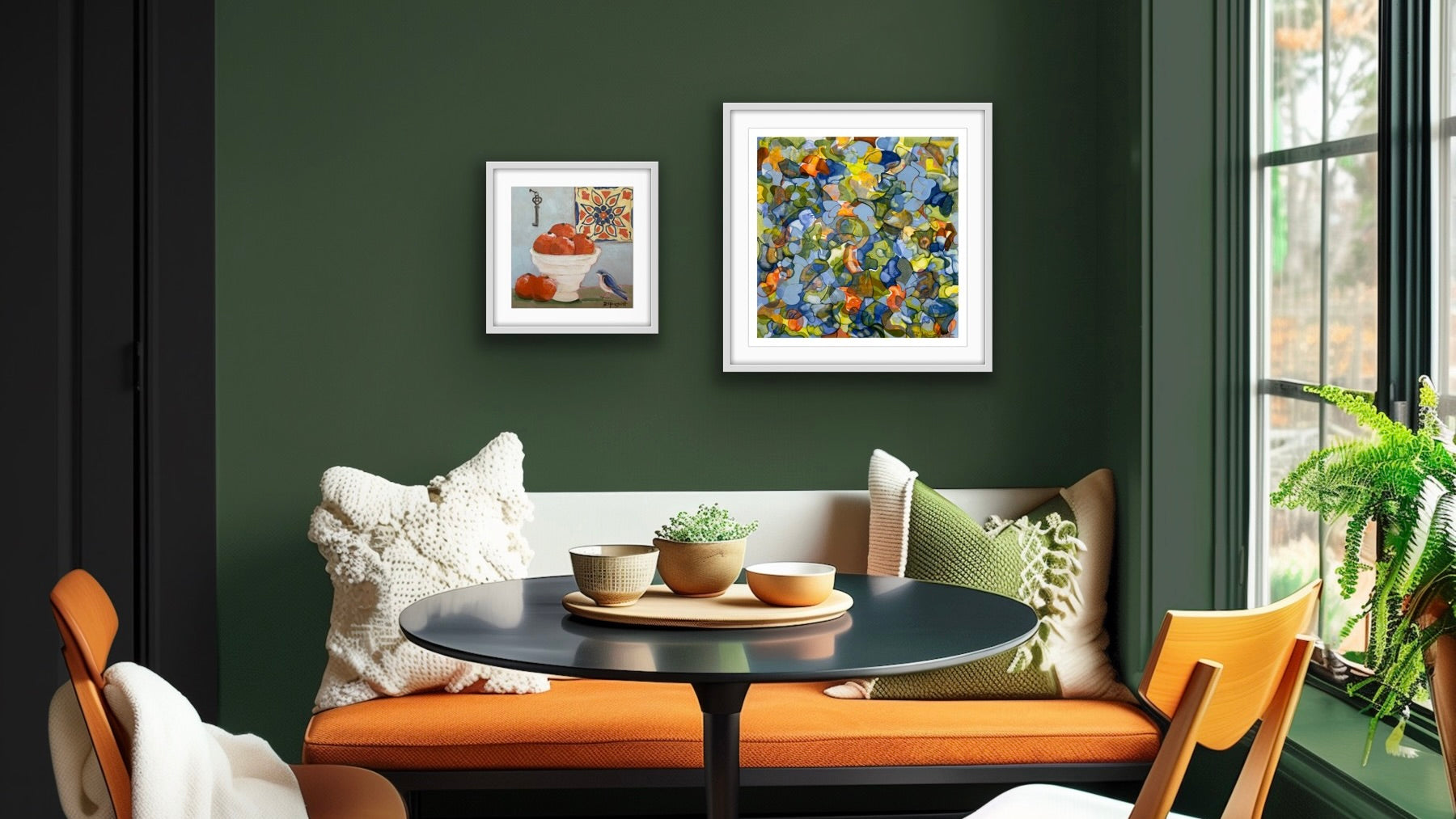 Living room with green walls, a bench, and decorative items.