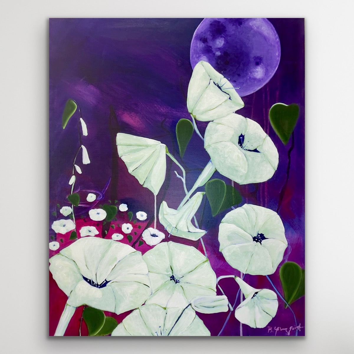 Moonflower paintings in violet night skies-symbolic abstract art exploring intuition,transformation,and luminous blooms beneath a purple moon.