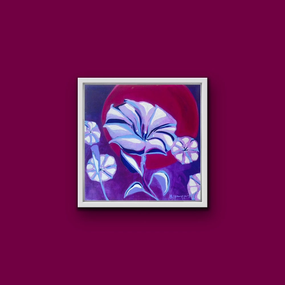 Moonflower paintings set in indigo night skies and glowing magenta moonlight. Symbolic abstract art exploring intuition,mystery,and luminous blooms.