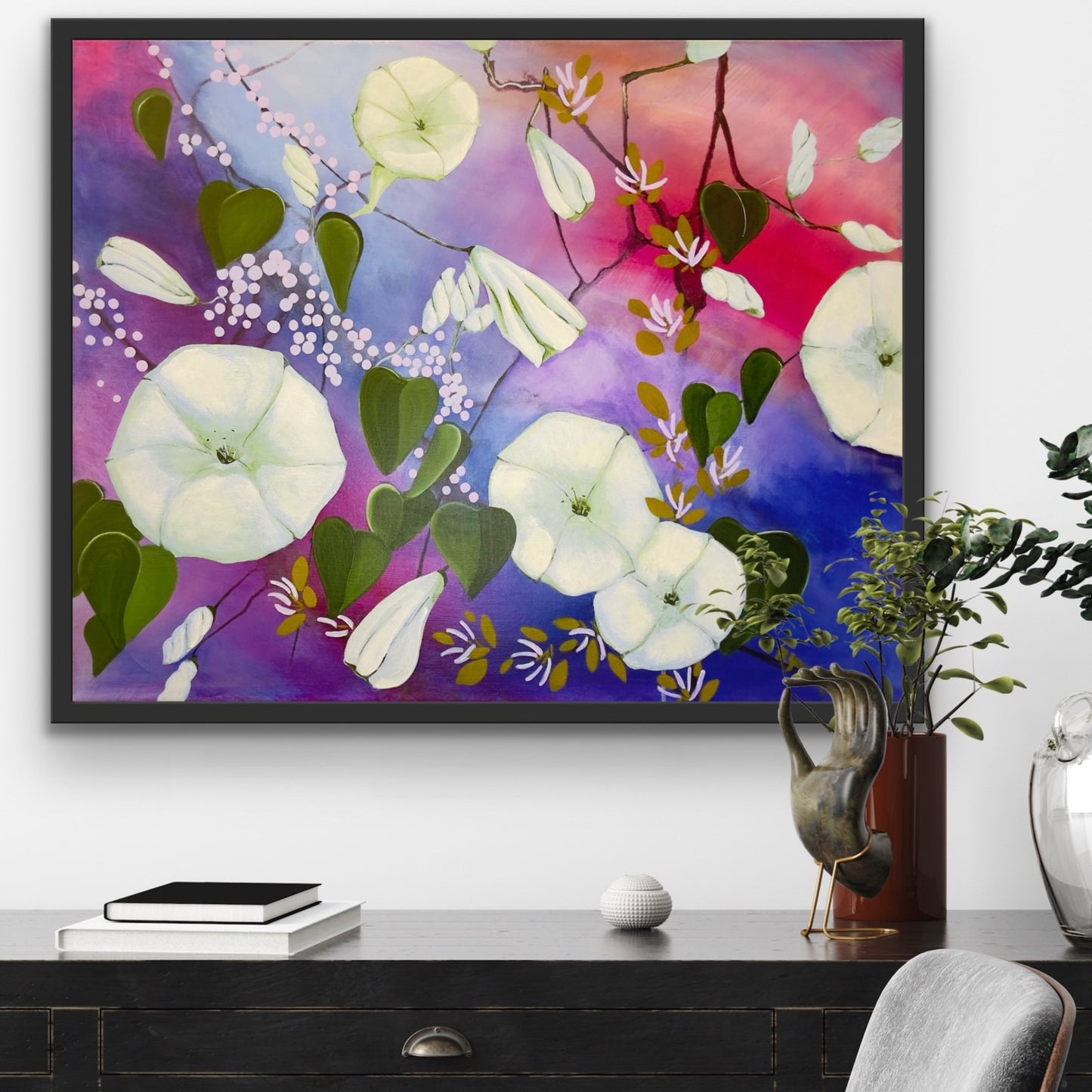 Abstract moonflower paintings inspired by intuition,night skies, and the quiet balance of shadow and light.