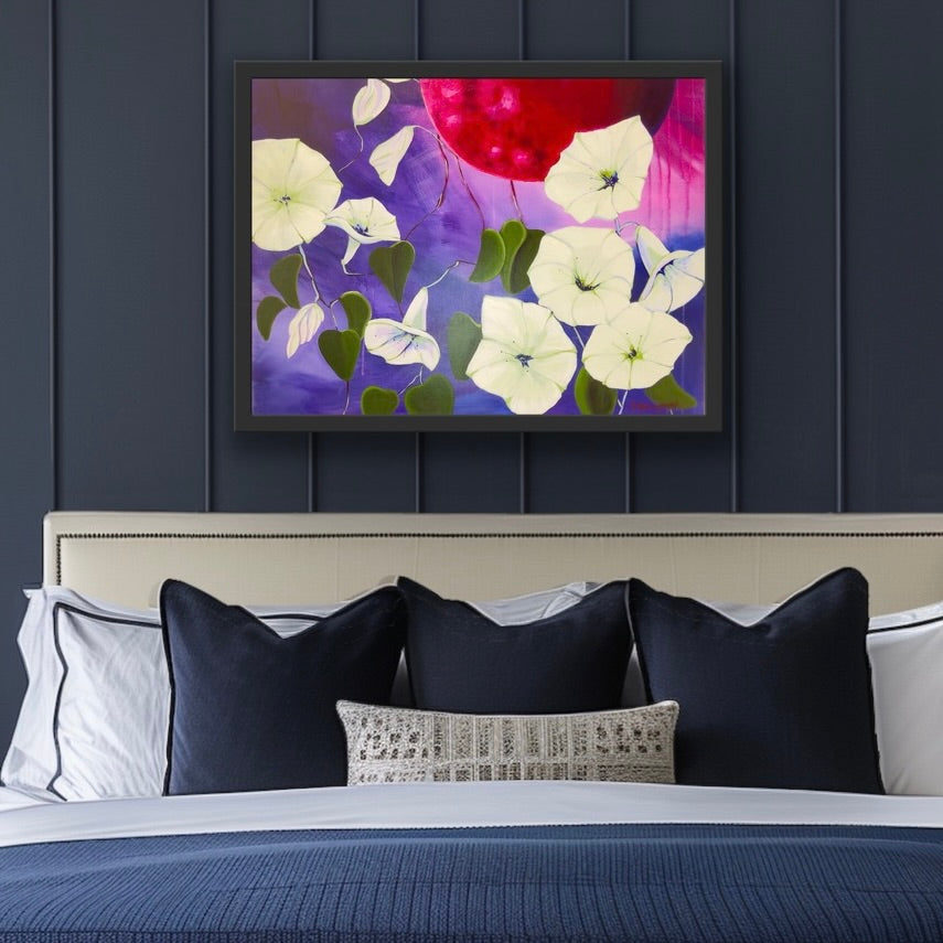 Moonflower paintings set in night skies and glowing magenta moonlight. Symbolic a bstract art exploring intuition,mystery,and luminous white blooms.