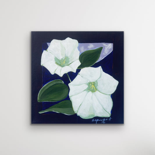 Moonflower paintings symbolic abstract art exploring intuition,mystery, and luminous white blooms.