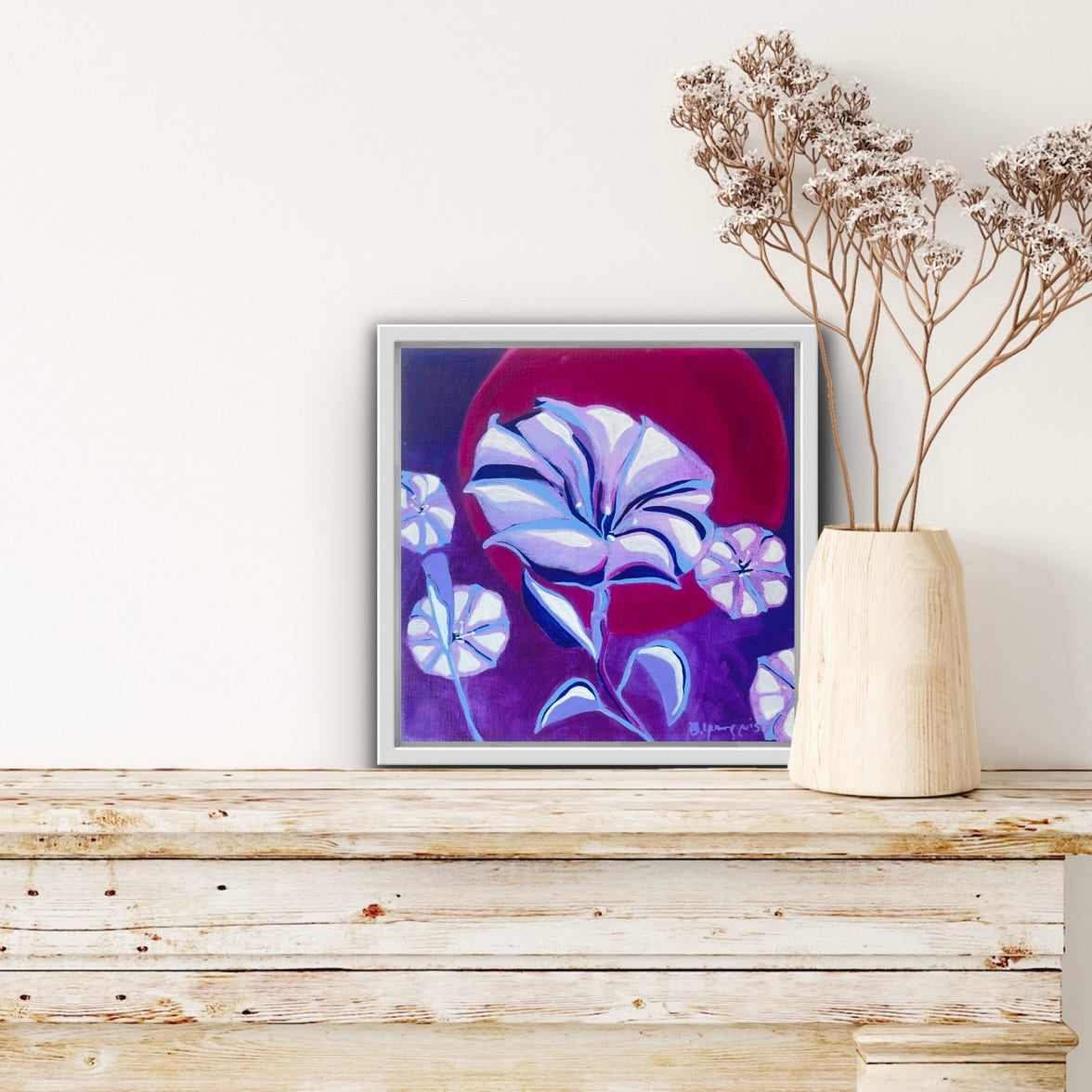 Moonflower paintings set in indigo night skies and glowing magenta moonlight. Symbolic abstract art exploring intuition,mystery, and luminous blooms.
