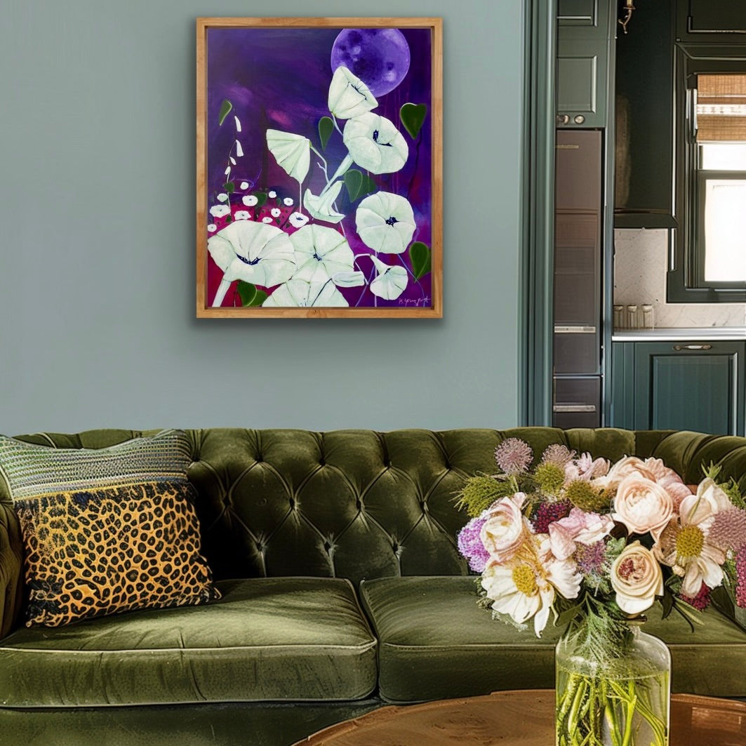 Moonflower paintings in indigo night skies-symbolic Jungian abstract art exploring the integration of light and shadow through moonflowers.