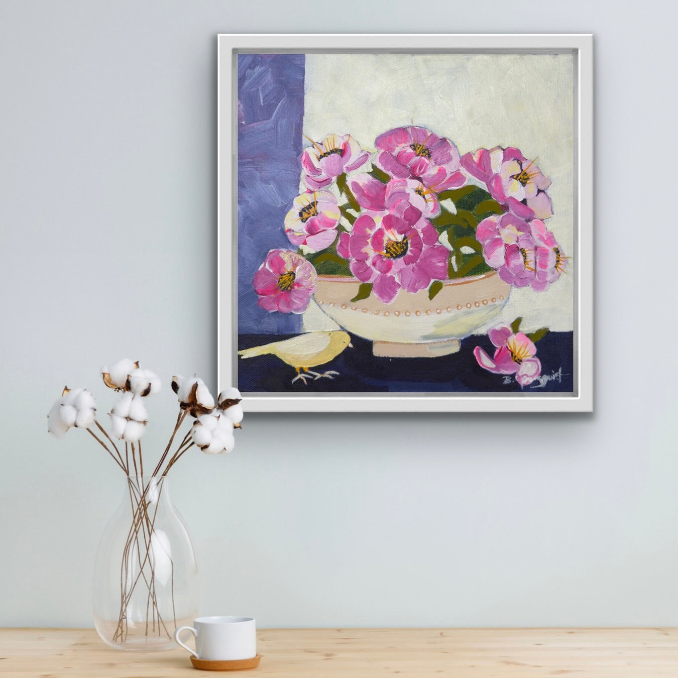 Framed artwork of a bowl with pink flowers and a bird for home decor,collectors, interior designers.