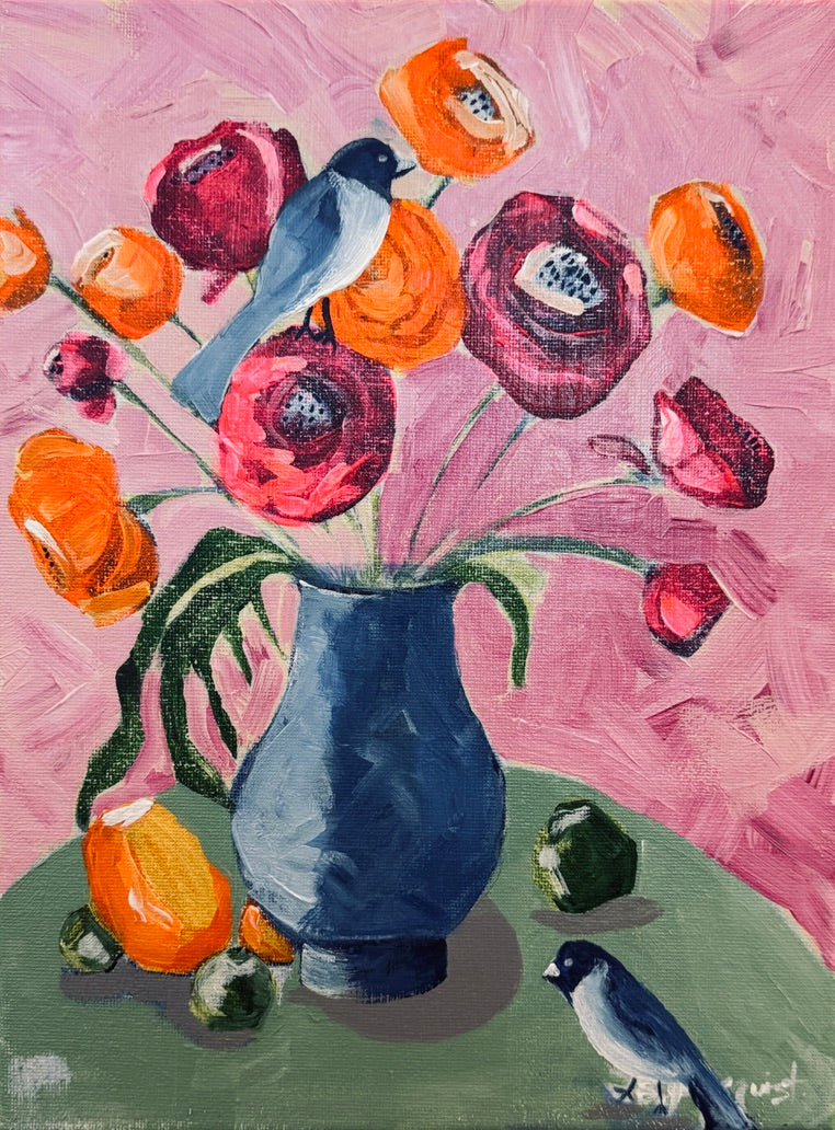 Original acrylic painting of a blue vase with flowers and birds on a pink background for home decor, designers,art collectors