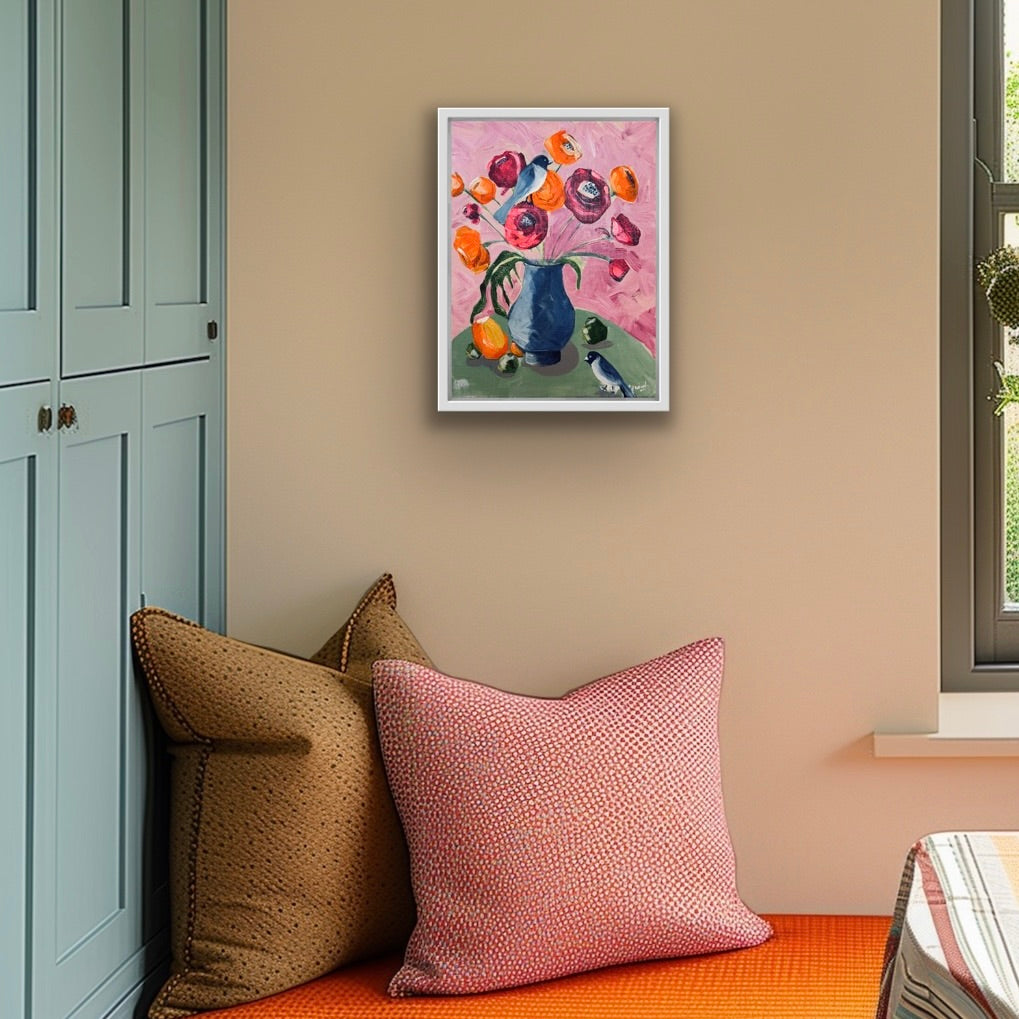 Original contemporary still life painting shown in kitchen home decor