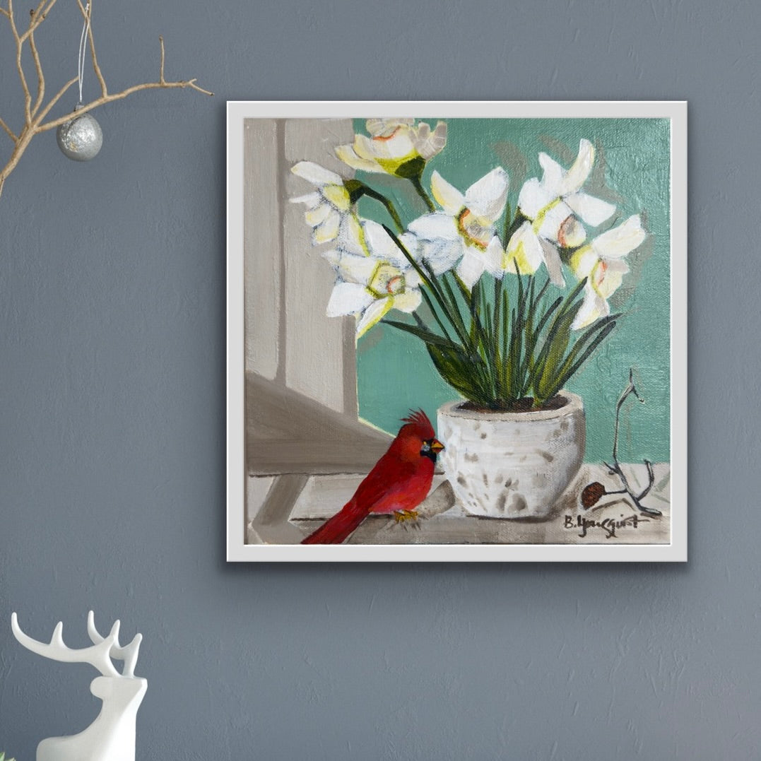 Framed original artwork of a cardinal and flowers for winter decor.
