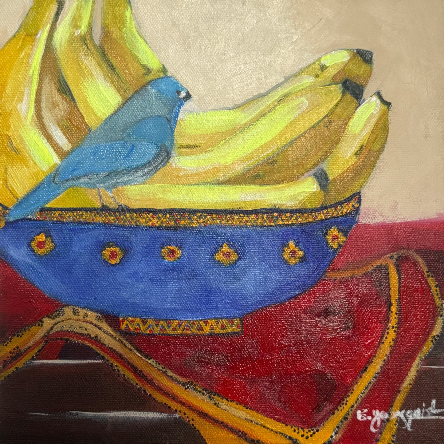 Painting of a blue bird on bananas with a decorative bowl and red fabric for art collectors and home decor