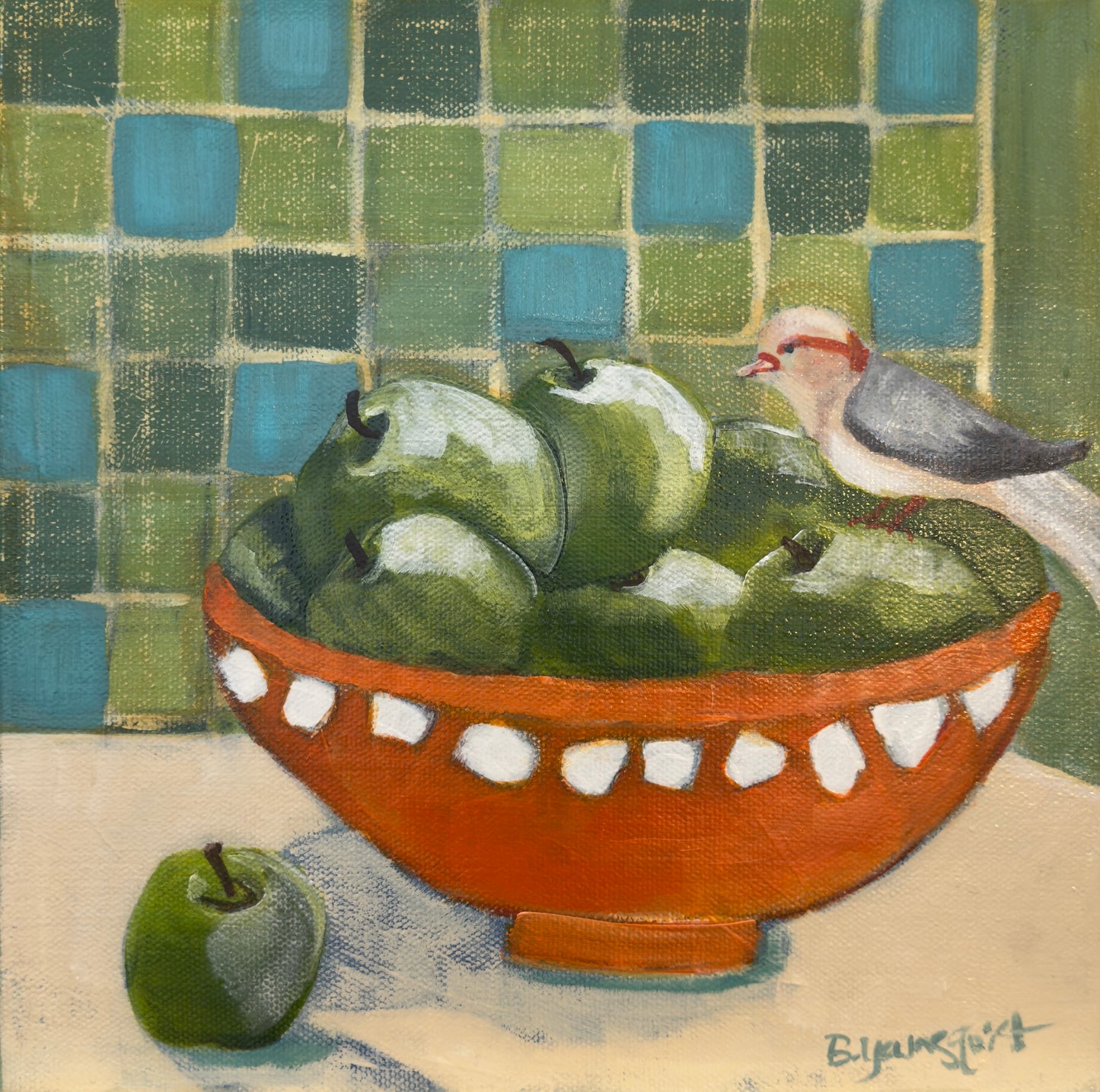 Painting of a bowl with green apples and a bird on a checkered background. Original still life painting for home decor.