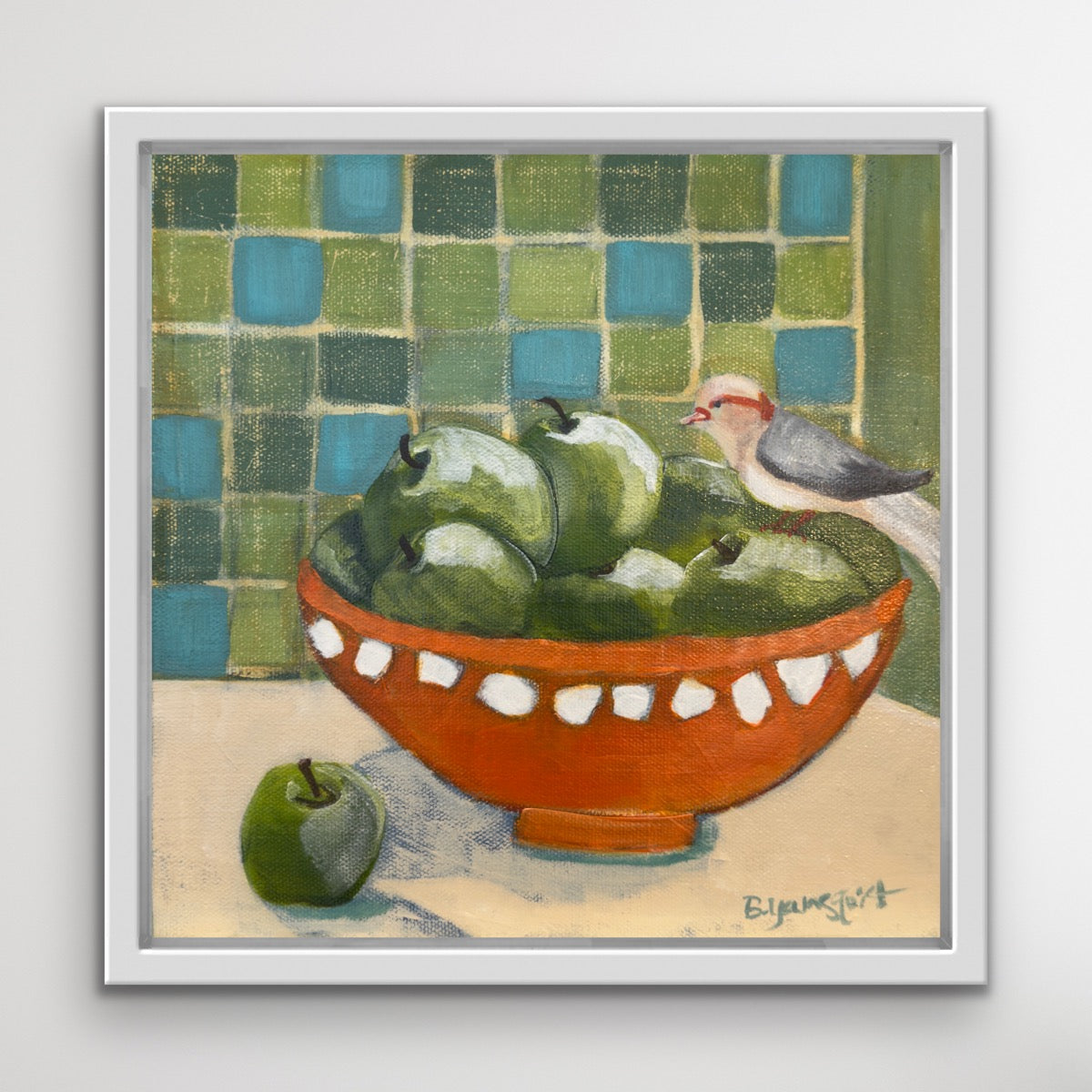 Framed artwork of a still life with apples and a bird on a tiled wall background for home decor and art collectors.
