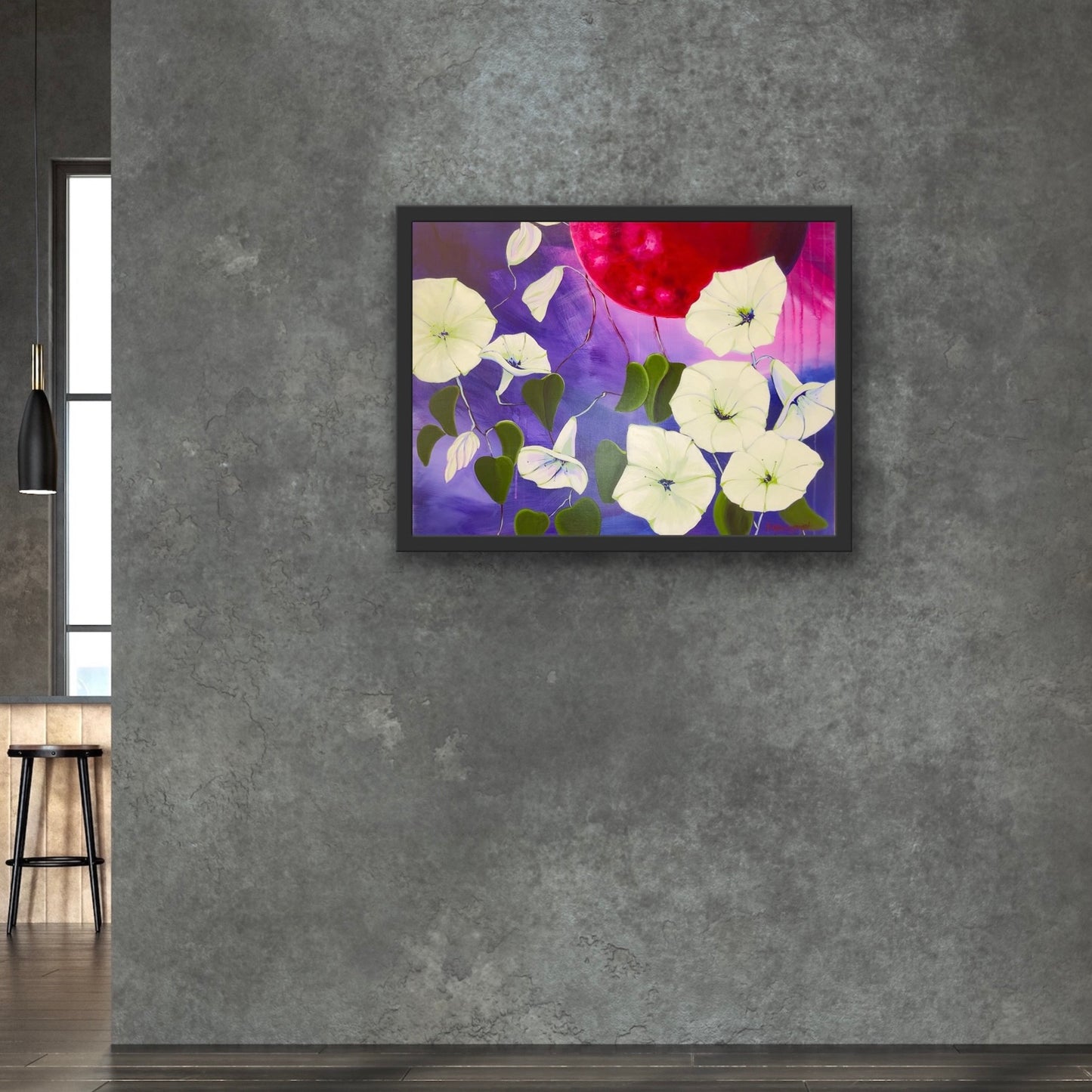 Explore the moonflower series-symbolic abstract paintings of luminous night blooms and magenta moonlight inspired by intuition and the integration of shadow and light.